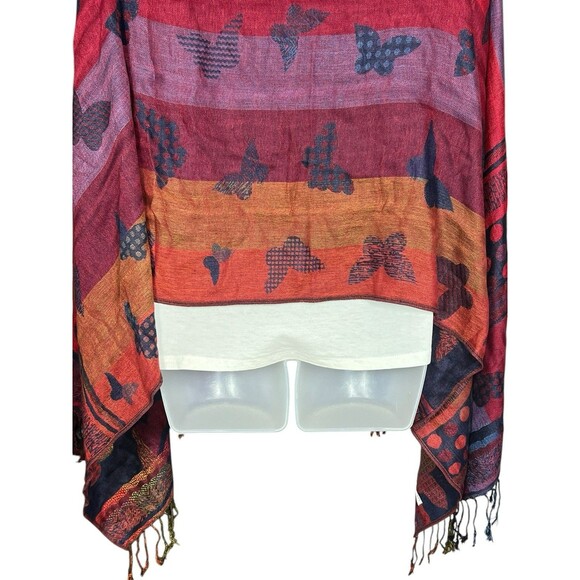 Pashmina & Silk Butterfly Shawl With Fringe Reversible Purple Orange Red Boho - Picture 9 of 12